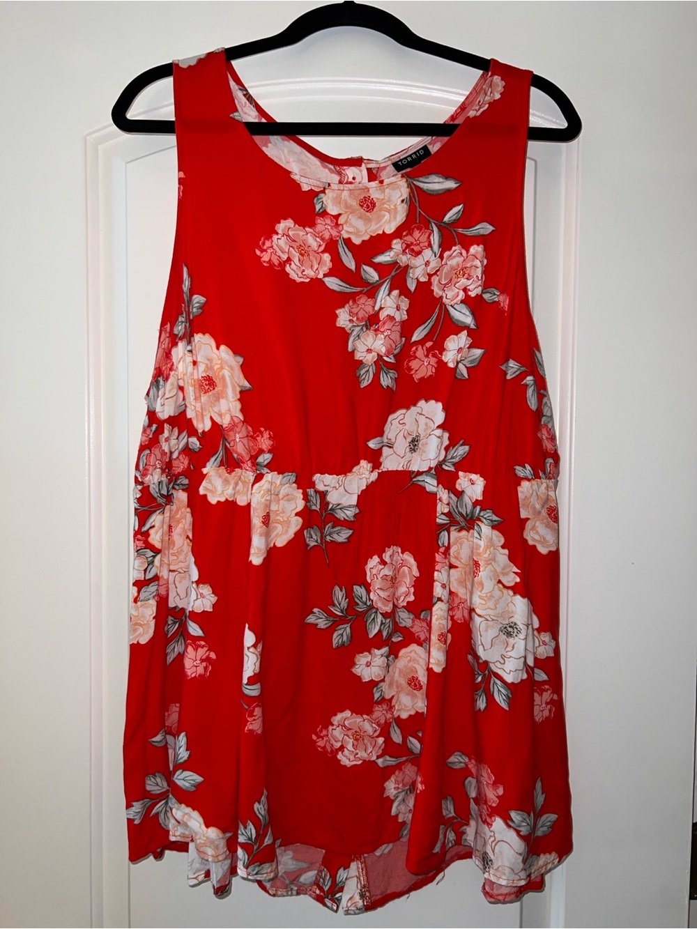 Women's Red Floral Sleeveless Blouse with Gathered Waist